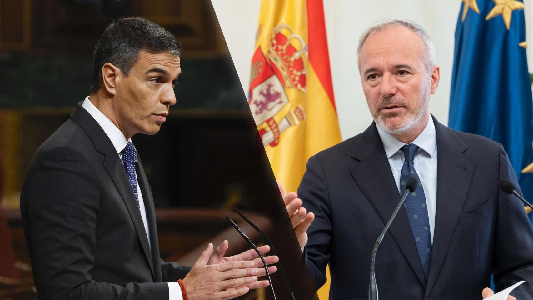 Azcón espera volver a Zaragoza con compromisos claros de Sánchez. Fotos: EFE y Gobierno de Aragón