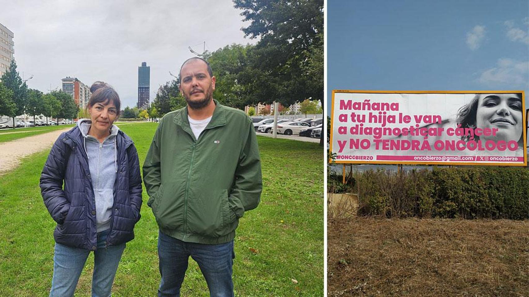 José Miguel, Lisi y un cartel pidiendo oncólogos par el Hospital del Bierzo.