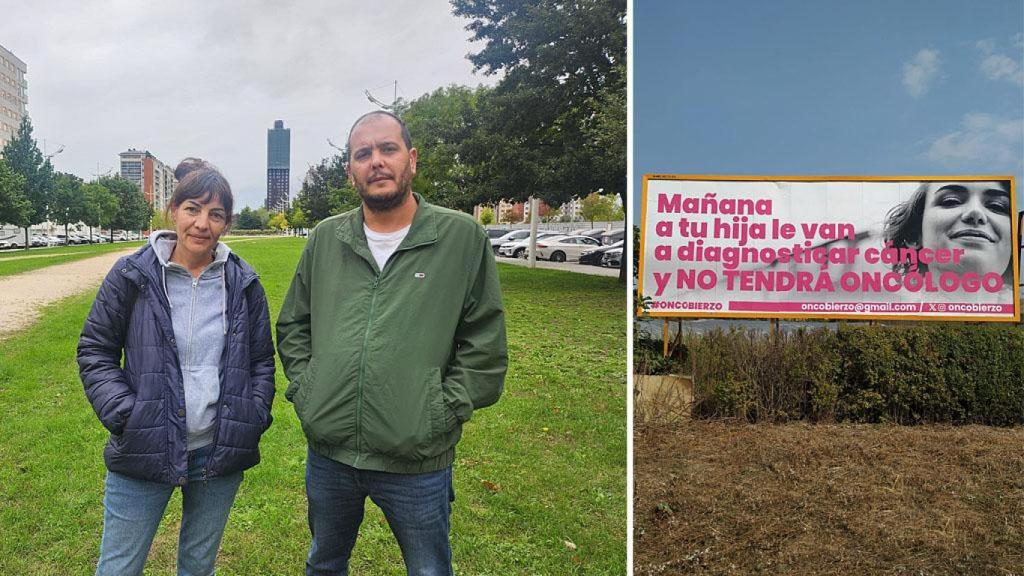 José Miguel, Lisi y un cartel pidiendo oncólogos par el Hospital del Bierzo.