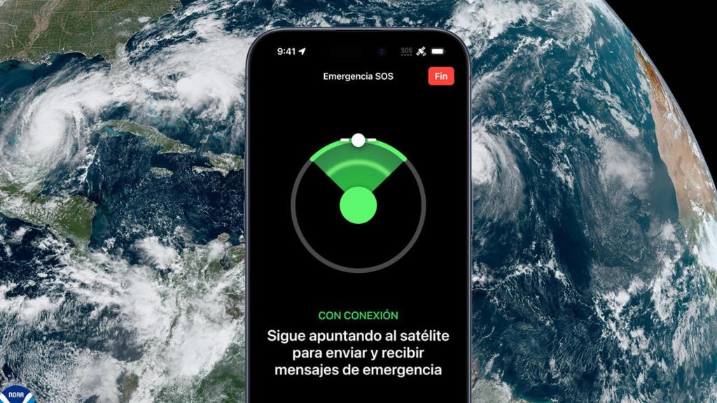 Fotomontaje con el sistema del iPhone y con el huracán Milton detrás.