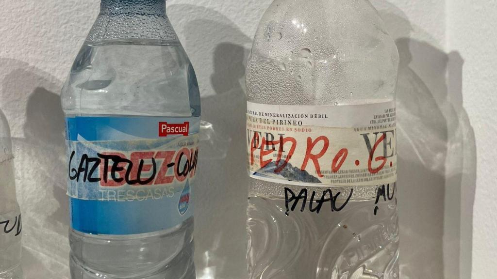 Víctor Jaenada: Detalle de las botellas etiquetadas por el artista, a la derecha la  que utilizó Pedro G. Romero. Foto: F. M.