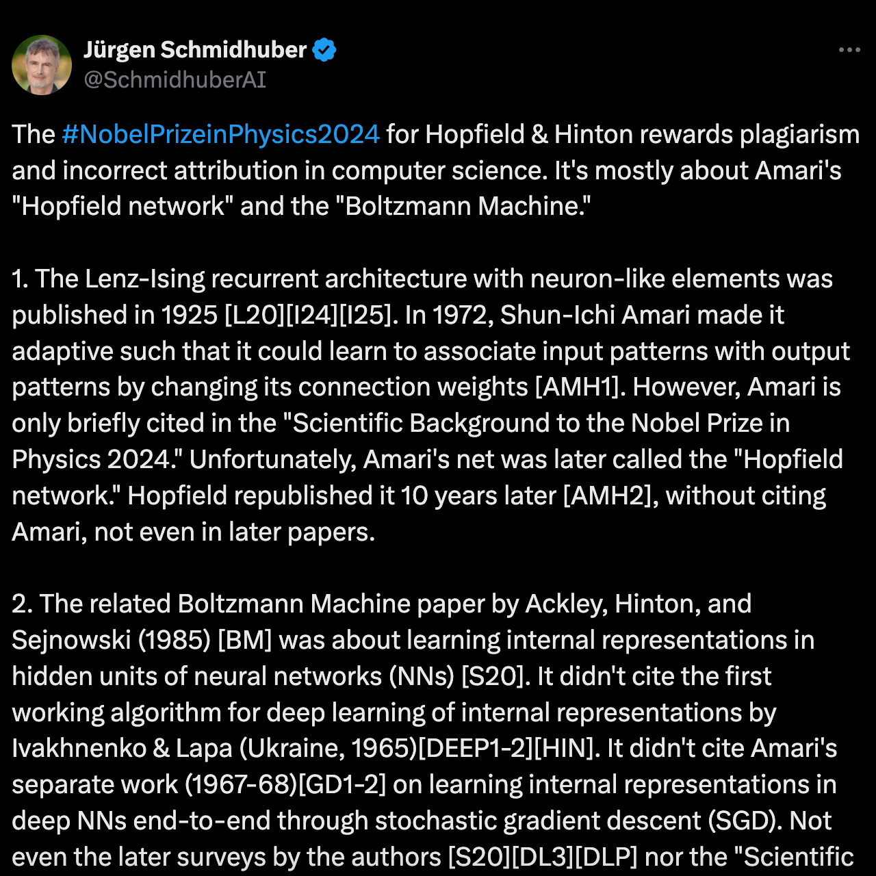 Captura del post de Jürgen Schmidhuber en X.