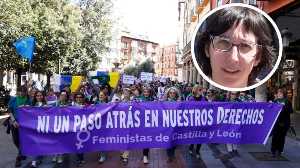 Una manifestación feminista en Valladolid y la investigadora Ana Rueda Lozano, en un montaje de EL ESPAÑOL