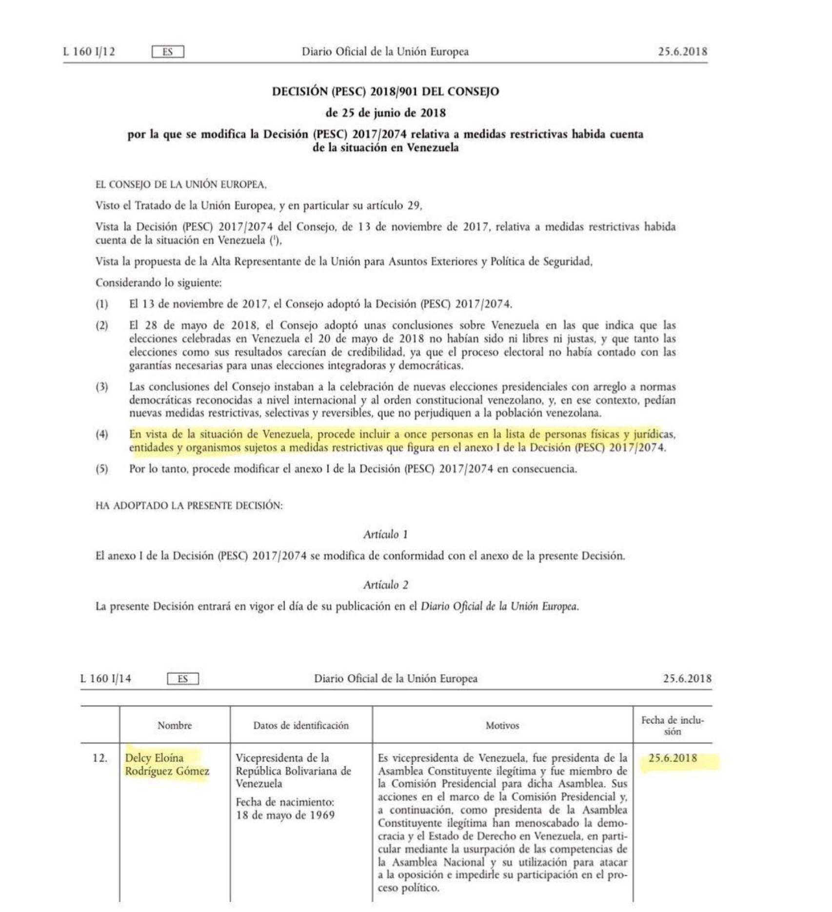 Conclusiones del CAE del 25 de junio de 2018n las que España votó sancionar a Delcy Rodríguez.