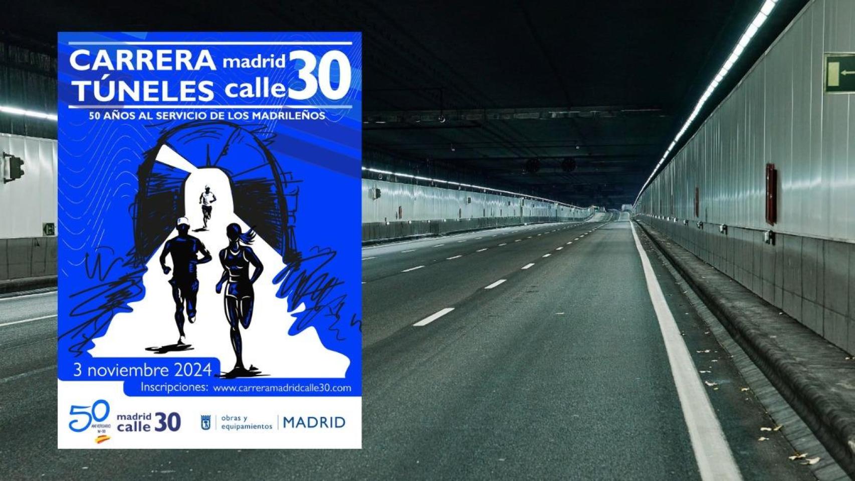 Cartel oficial de la carrera en los túneles de la M-30 junto a una fotografía de un tramo de los pasos subterráneos.