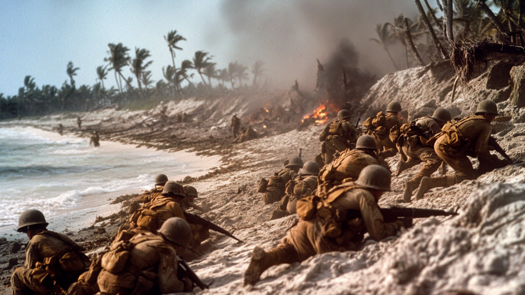 Recreación artística de la Batalla de Tarawa en la que falleció Manuel.