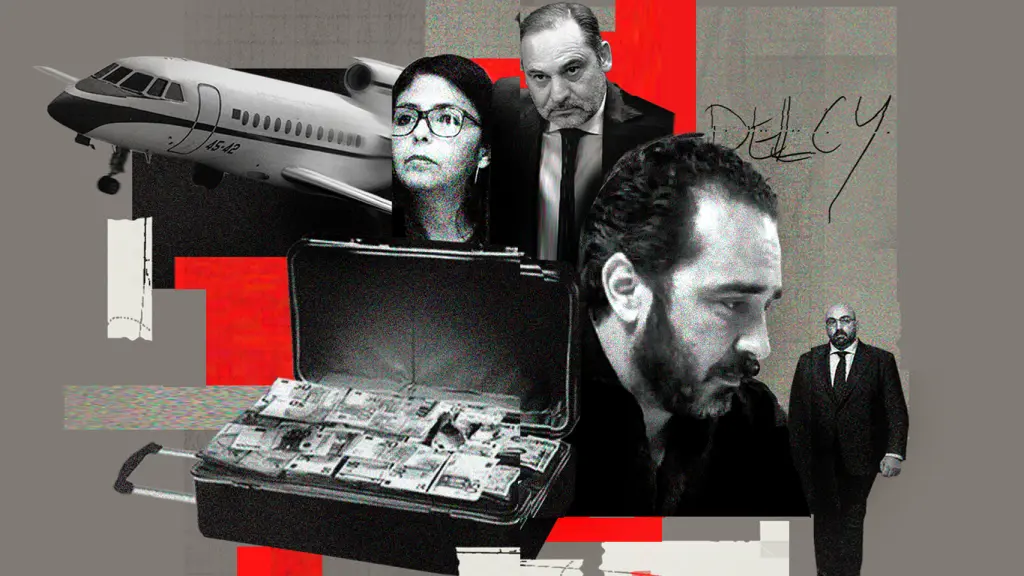 Delcy Rodríguez, José Luis Ábalos, Víctor de Aldama y Koldo García con un avión y una maleta de dinero en un fotomontaje.