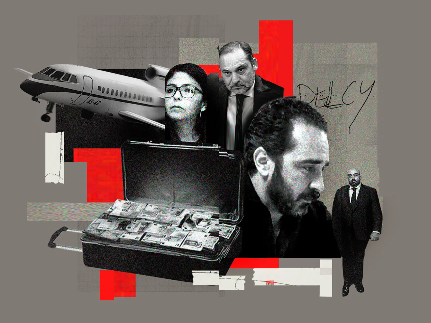 Delcy Rodríguez, José Luis Ábalos, Víctor de Aldama y Koldo García con un avión y una maleta de dinero en un fotomontaje.