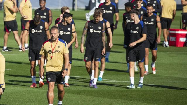 Los jugadores del FC Barcelona, durante un entrenamiento.