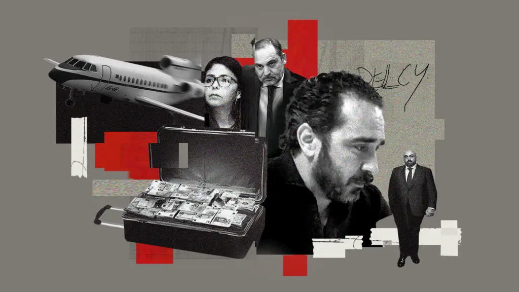 Delcy Rodríguez, José Luis Ábalos, Víctor de Aldama y Koldo García con un avión y una maleta de dinero en un fotomontaje.