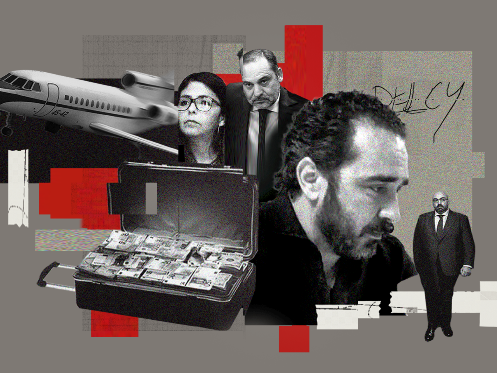 Delcy Rodríguez, José Luis Ábalos, Víctor de Aldama y Koldo García con un avión y una maleta de dinero en un fotomontaje.