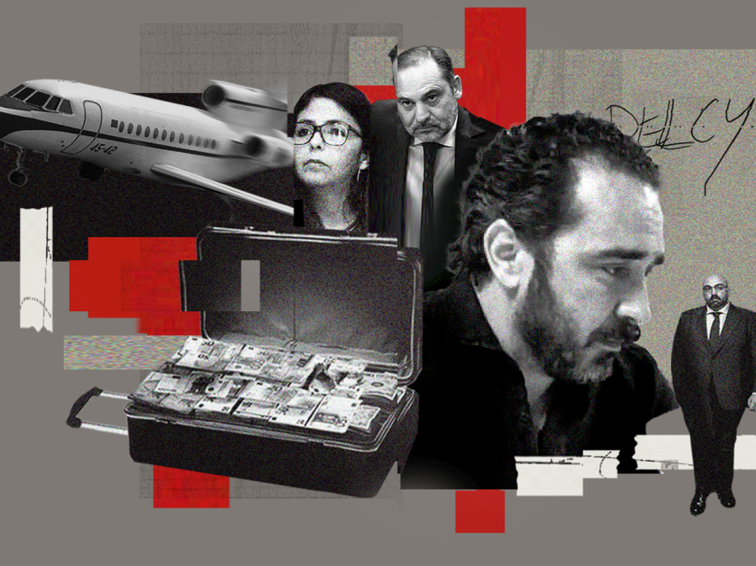 Delcy Rodríguez, José Luis Ábalos, Víctor de Aldama y Koldo García con un avión y una maleta de dinero en un fotomontaje.