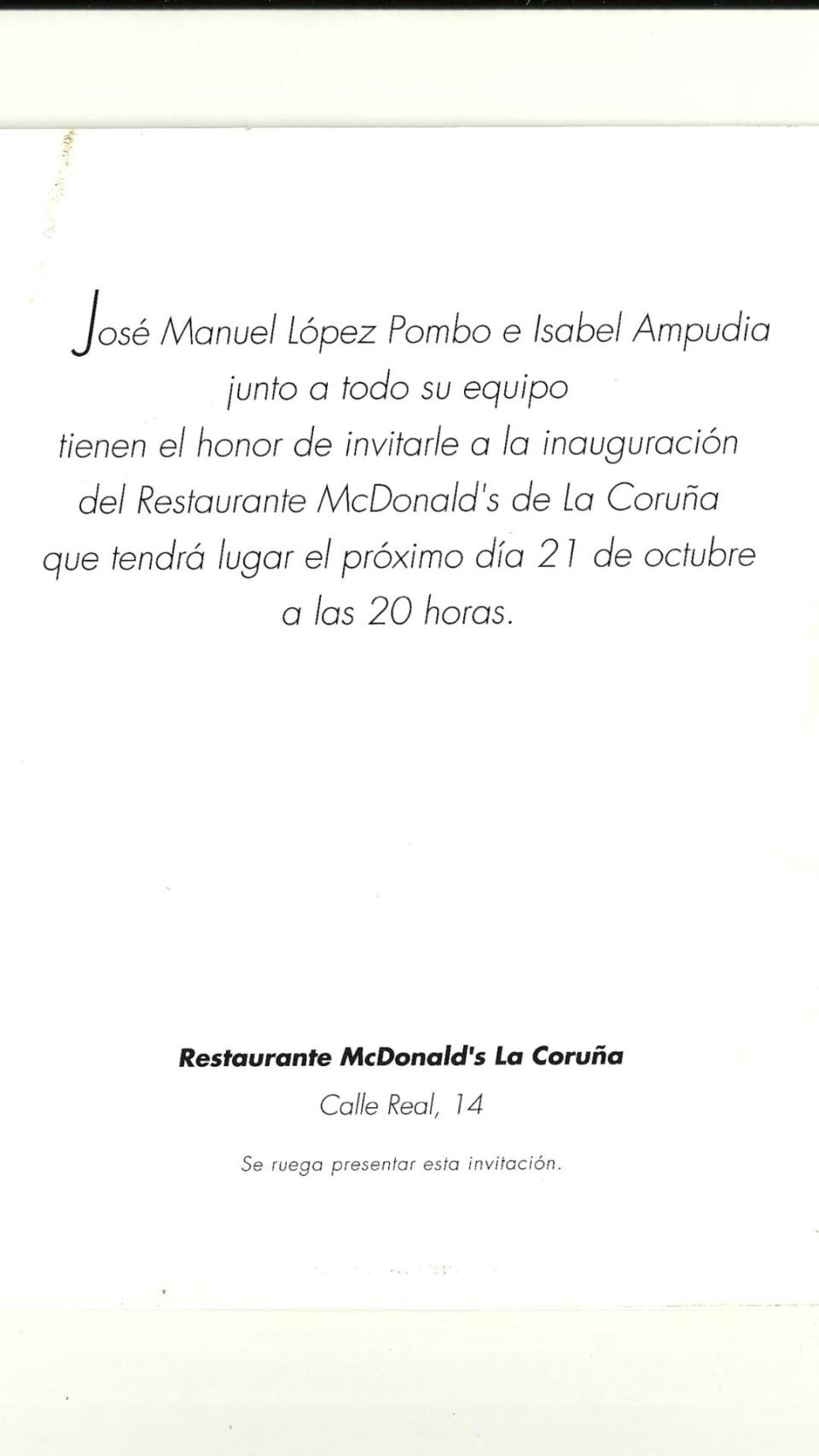 Invitación a la inauguración de McDonald's en la Calle Real.