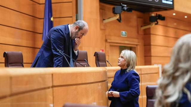 El presidente del Senado, Pedro Rollán, conversa con la diputada popular María del Mar Blanco tras la votación en contra del Senado para conmutar penas de prisión a los etarras presos.