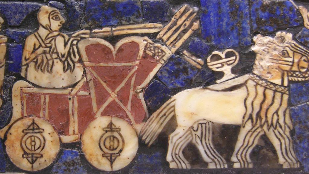 Una representación de un carro tirado por un onagro en el estandarte de batalla de Ur sumerio (c. 2500 a.C.)