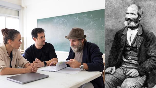 Patricia López Arnaiz, David Pérez Sañudo y Antonio de la Torre, durante una lectura de guion de 'Sacamantecas'. Foto: David Herranz. A la derecha, Juan Díaz de Garayo (1821-1881), conocido como El Sacamantecas. Foto: Archivo José Luis Sáenz de Ugarte