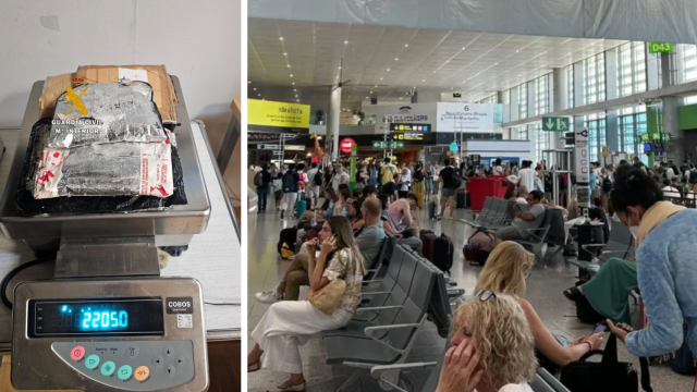 Una imagen de la droga incautada y del Aeropuerto de Málaga.