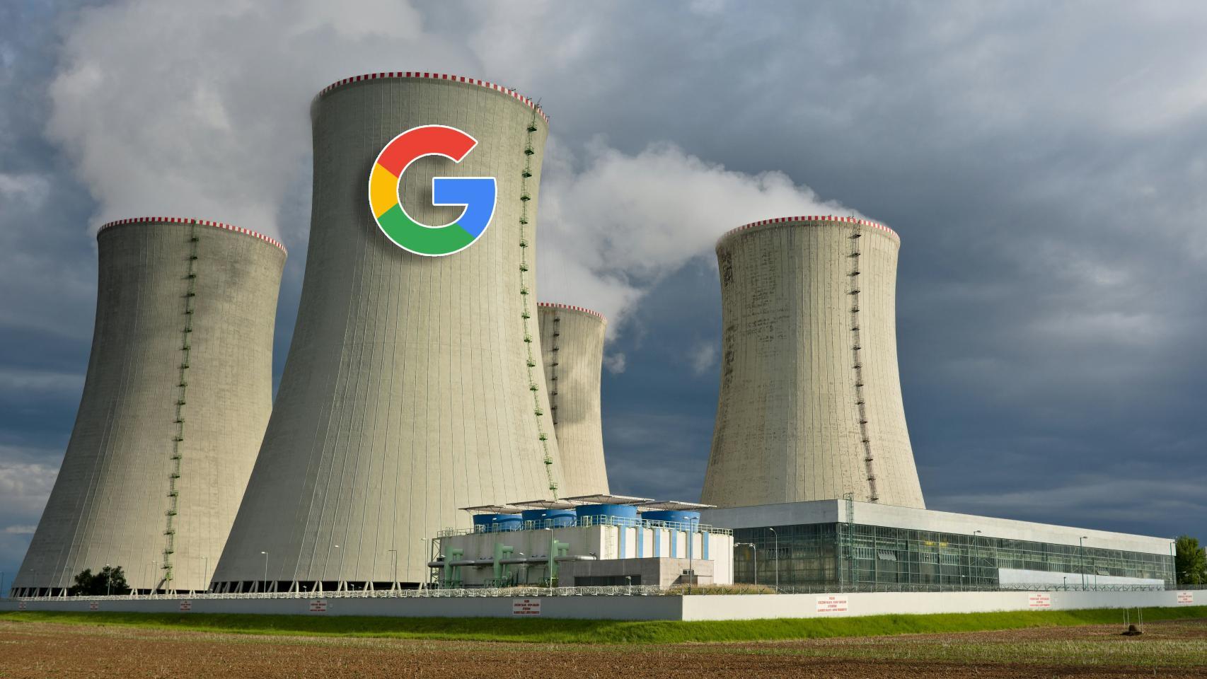 Fotomontaje de una central nuclear y el logo de Google.