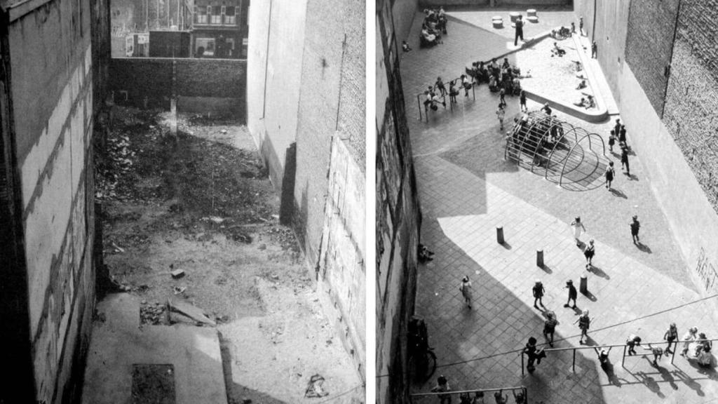 Parque infantil en Dijkstraat (antes y después), Ámsterdam (1954).