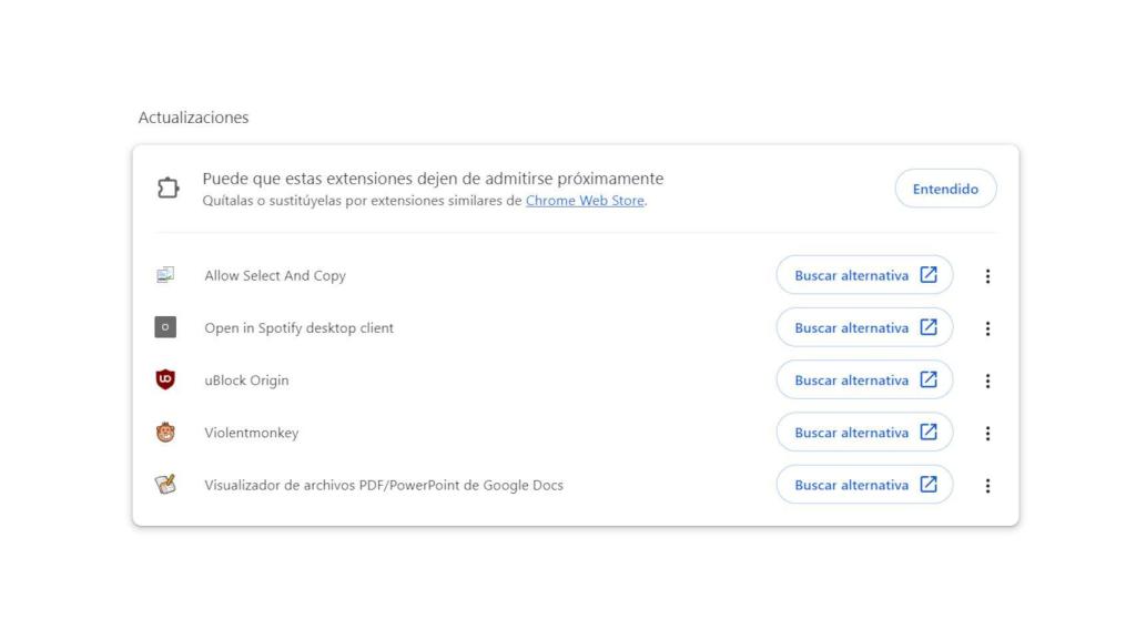 Chrome ya desactiva extensiones no compatibles y recomienda alternativas