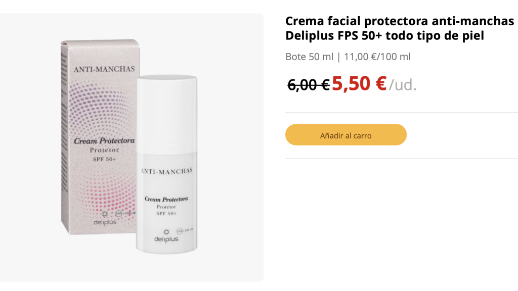 Crema facial protectora anti-manchas Deliplus FPS 50+.