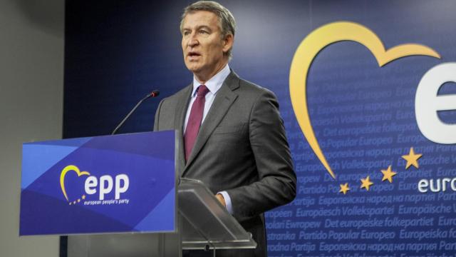 El presidente del PP, Alberto Núñez Feijóo, este jueves en Bruselas.