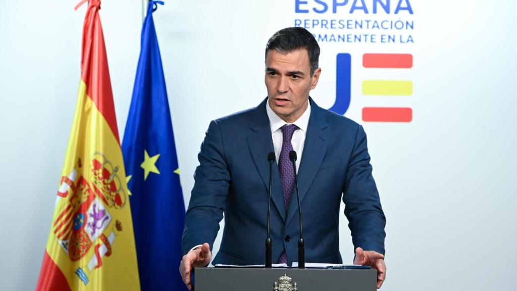 El presidente del Gobierno, Pedro Sánchez, durante su rueda de prensa de este jueves en Bruselas