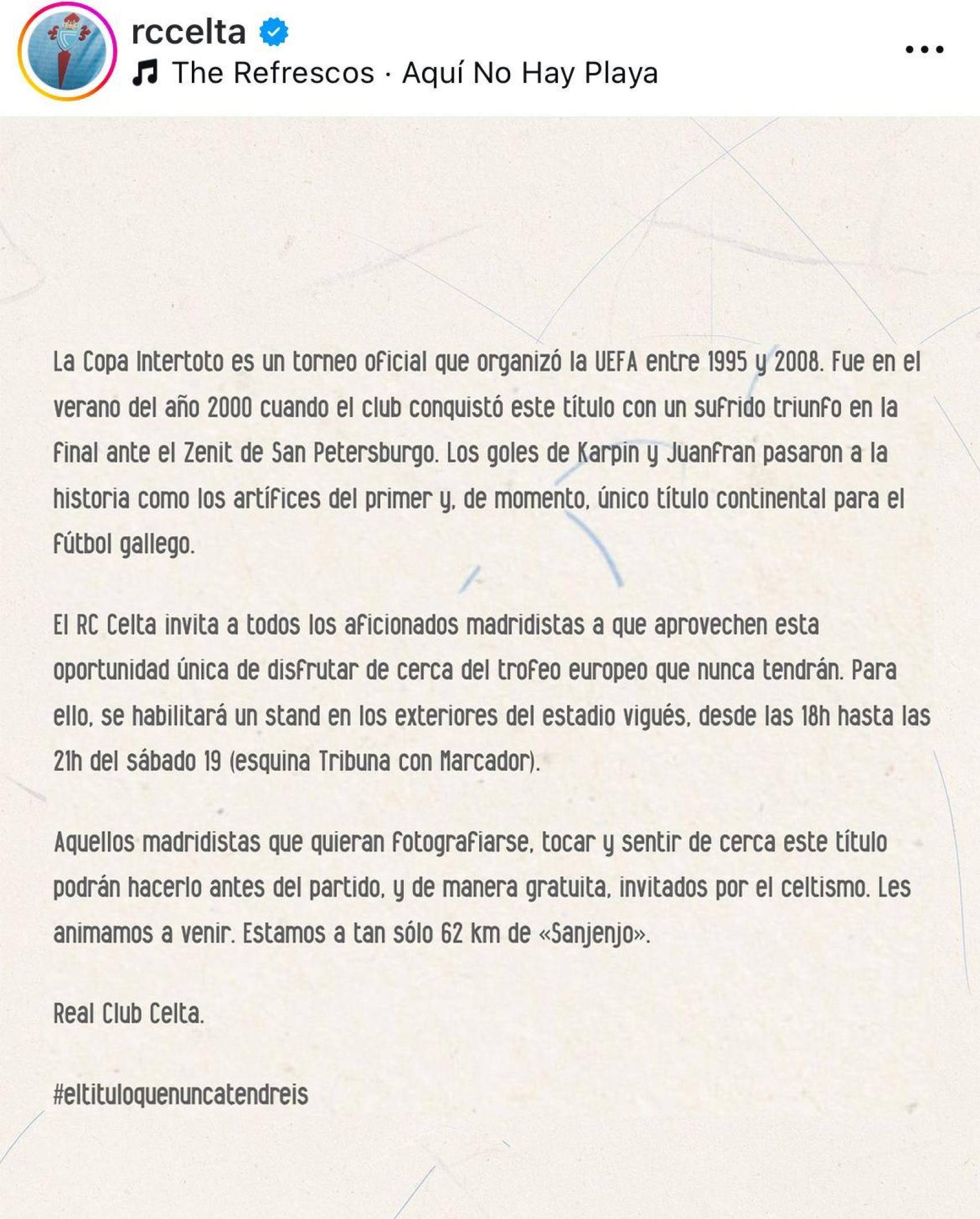 Comunidado del Celta en Instagram