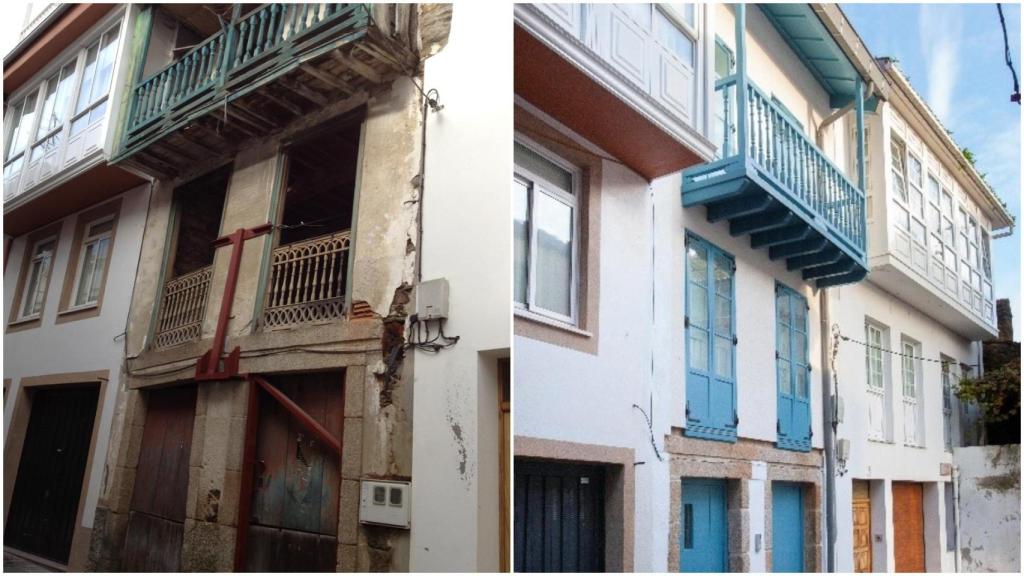 Antes y después de uno de los edificios rehabilitados por la Xunta en Betanzos, con balcón y ventanas azules.