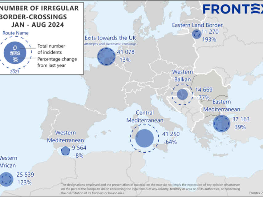 Mapa facilitado por Frontex de las rutas migratorias irregulares con mayor importancia de la Unión Europea. Destaca la ruta canaria (Western African) con un aumento del 123% respecto al año pasado.