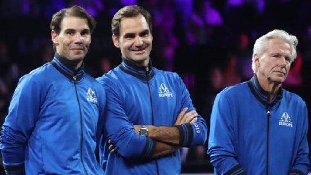 Borg, capitán del equipo europeo, junto a Rafael Nadal y Roger Federer durante la celebración de la Laver Cup.