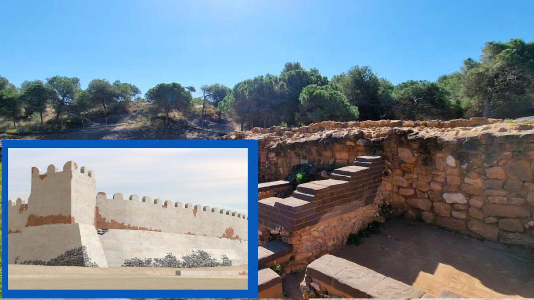 Yacimientos fenicios de La Fonteta en Guardamar del Segura y reconstrucción virtual de la muralla.