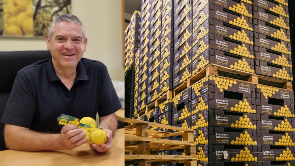 Antonio José Moreno, director general de Limonar de Santomera, sujeta una malla de limones. A la derecha, una pila de cajas de limones en las instalaciones de la empresa.