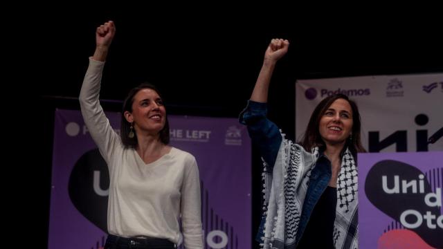 Irene Montero e Ione Belarra, este sábado durante la Universidad de Otoño de Podemos, en el Círculo de Bellas Artes de Madrid.