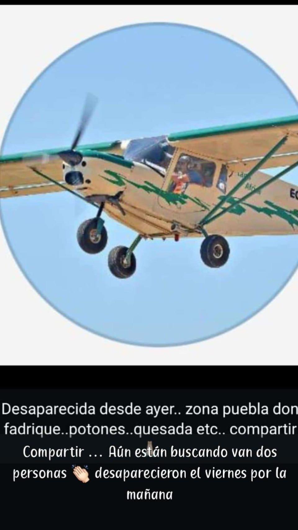 Una imagen de la avioneta desaparecida, difundida por Facebook, para pedir colaboración para localizarla.