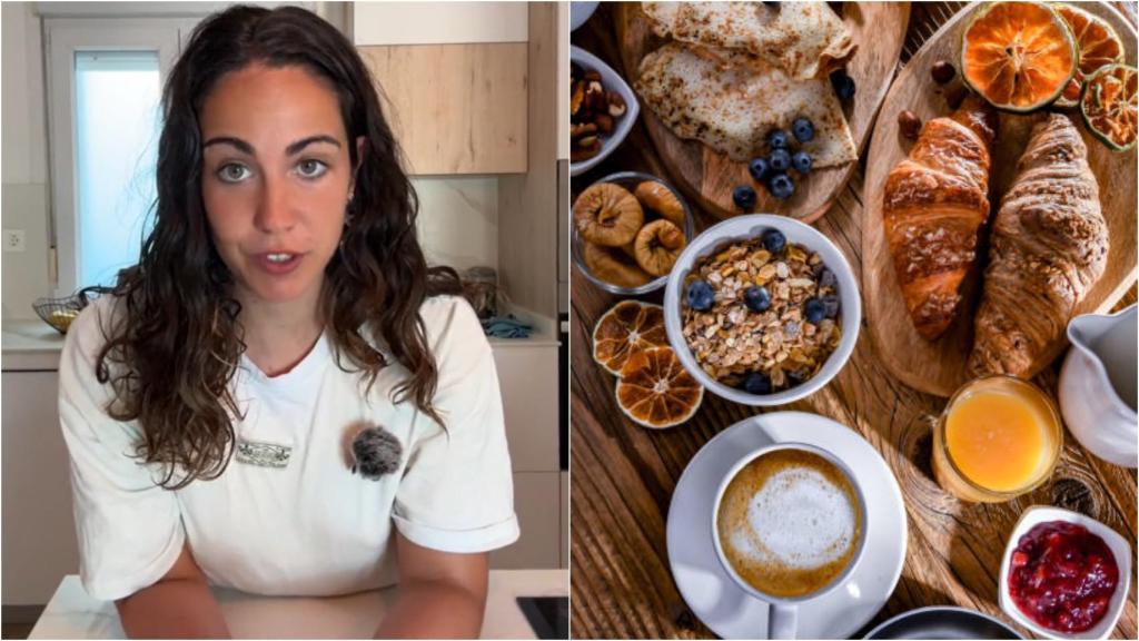 La nutricionista Estibaliz junto a un desayuno variado.