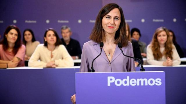 La secretaria general de Podemos, Ione Belarra, este lunes frente al Consejo Ciudadano Estatal.