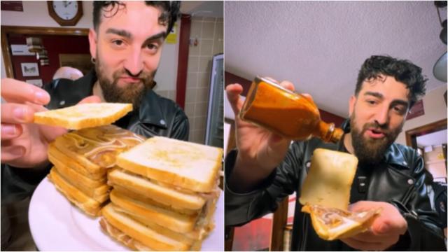 El influencer gastronómico Rufo con uno de los sándwiches más típicos de Madrid.