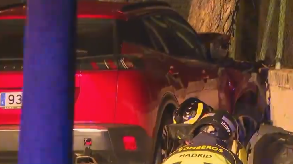 Los bomberos junto al coche siniestrado.