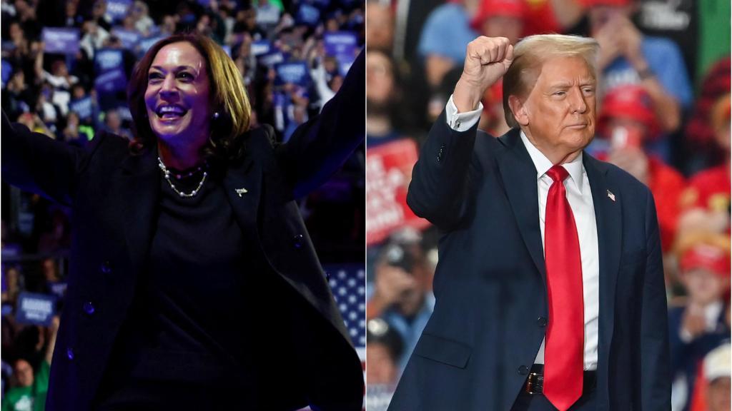 Kamala  Harris y Donald Trump en un mitin en Pensilvania.