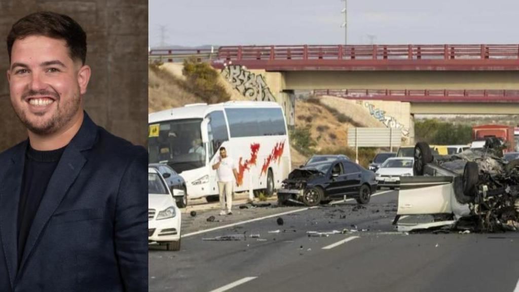 El diputado socialista Miguel Ortega, junto a una imagen del accidente de tráfico ocurrido este martes en la autovía A-30.