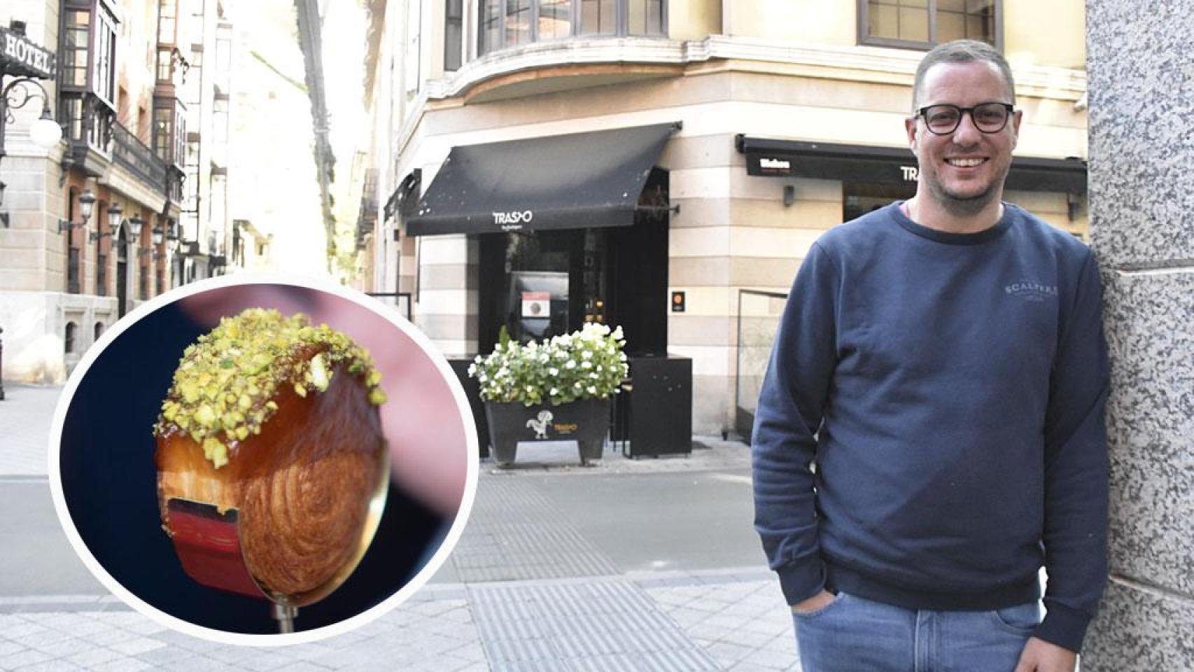 Teo Rodríguez delante de su restaurante y el Pucela Roll