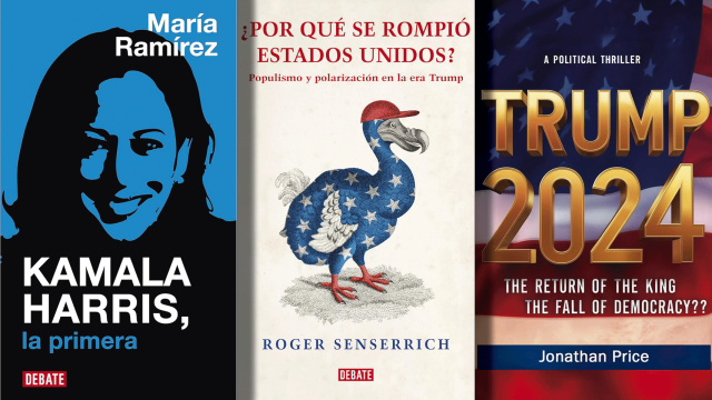 Cubiertas de los libros 'Kamala Harris' (Debate), '¿Por qué se rompió Estados Unidos?' (Debate) y 'Trump 2024: The Return of the King or the Fall of Democracy'