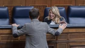 El portavoz de Sumar en el Congreso, Íñigo Errejón, y la vicepresidenta segunda y ministra de Trabajo, Yolanda Díaz, este martes en el Congreso.