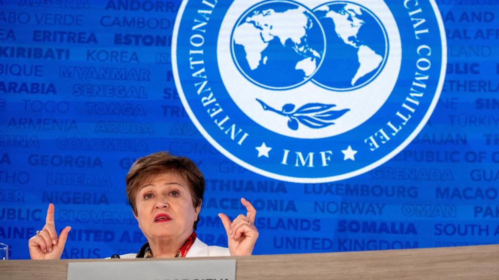 Kristalina Georgieva, directora gerente del FMI, en una rueda de prensa durante la reunión de primavera de la institución y el Banco Mundial.