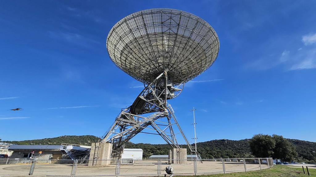 Renovated antenna on concrete pillars at NASA's Robledo de Chavela station.