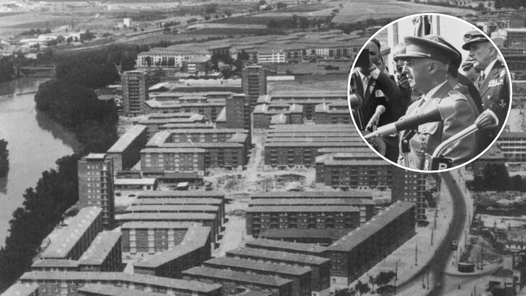 Imagen del barrio del Cuatro de Marzo de Valladolid en la década de los 60 y de una visita de Francisco Franco a la ciudad, en un montaje de EL ESPAÑOL