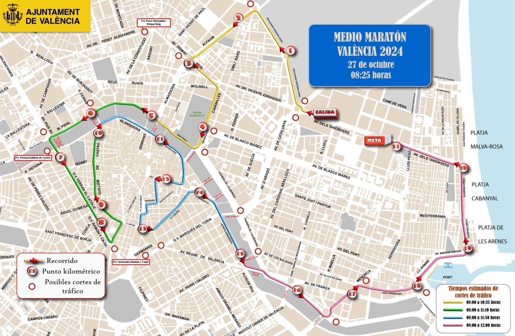 Plano del dispositivo de tráfico que ha preparado Valencia para el medio maratón de 2024. EE