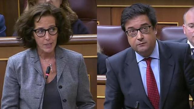 La diputada del PP por Valladolid Mercedes Cantalapiedra y el ministro de Transformación Digital y Función Pública, Óscar López, este miércoles en el Congreso de los Diputados