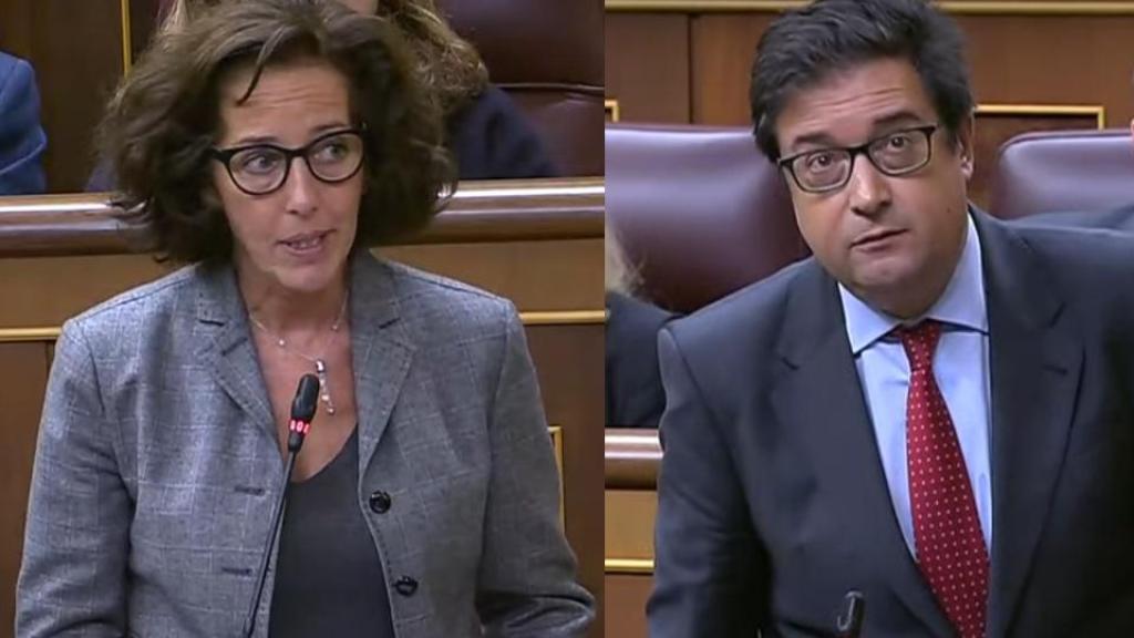 La diputada del PP por Valladolid Mercedes Cantalapiedra y el ministro de Transformación Digital y Función Pública, Óscar López, este miércoles en el Congreso de los Diputados